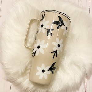 Tan White and Black Neutral Floral/Daisy Epoxy Tumbler