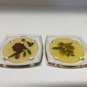 Vintage Lucite Acrylic Pressed Flower Footed Coaster Set