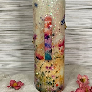 30 oz tumbler with decorative handle, glitter flower cup, gift for nature lover, travel mug with flowers, 3D wildflower tumbler gift for her